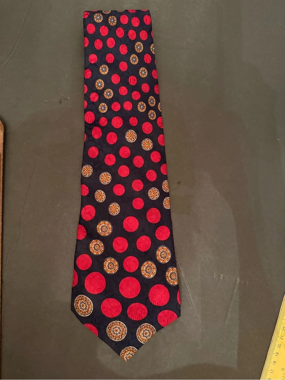 Vtg. Pierre Cardin Navy Tie with Red Polka Dots and Gold Medallions